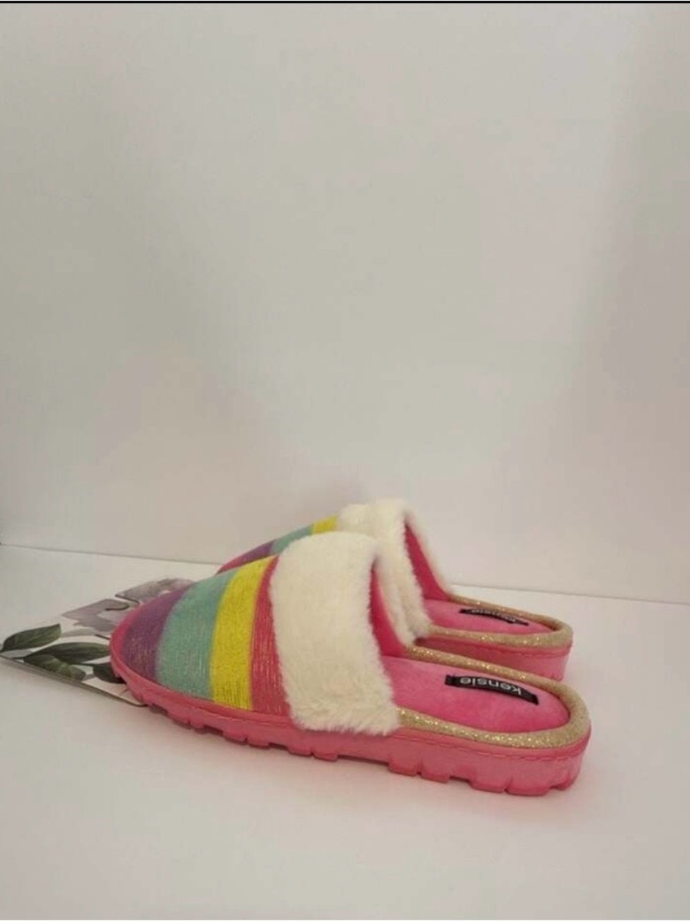 Kensie Rainbow Striped Memory Foam Slippers Size 9 NWT Faux Fur Trim Slide